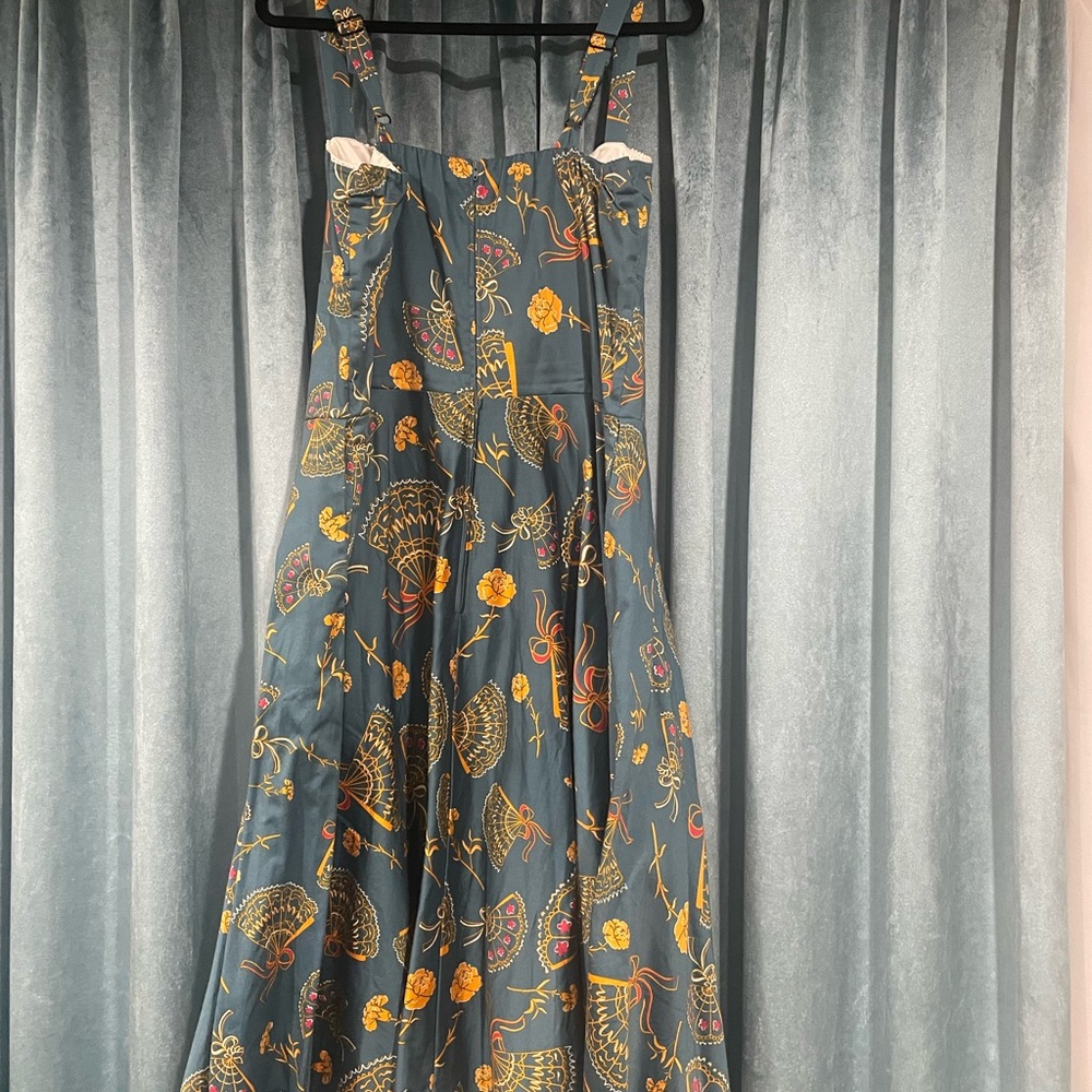 BEAUTIFUL TEAL SPANISH FAN PRINT DRESS BY PINUP GIRL CLOTHING 2XL - Picture 3 of 4